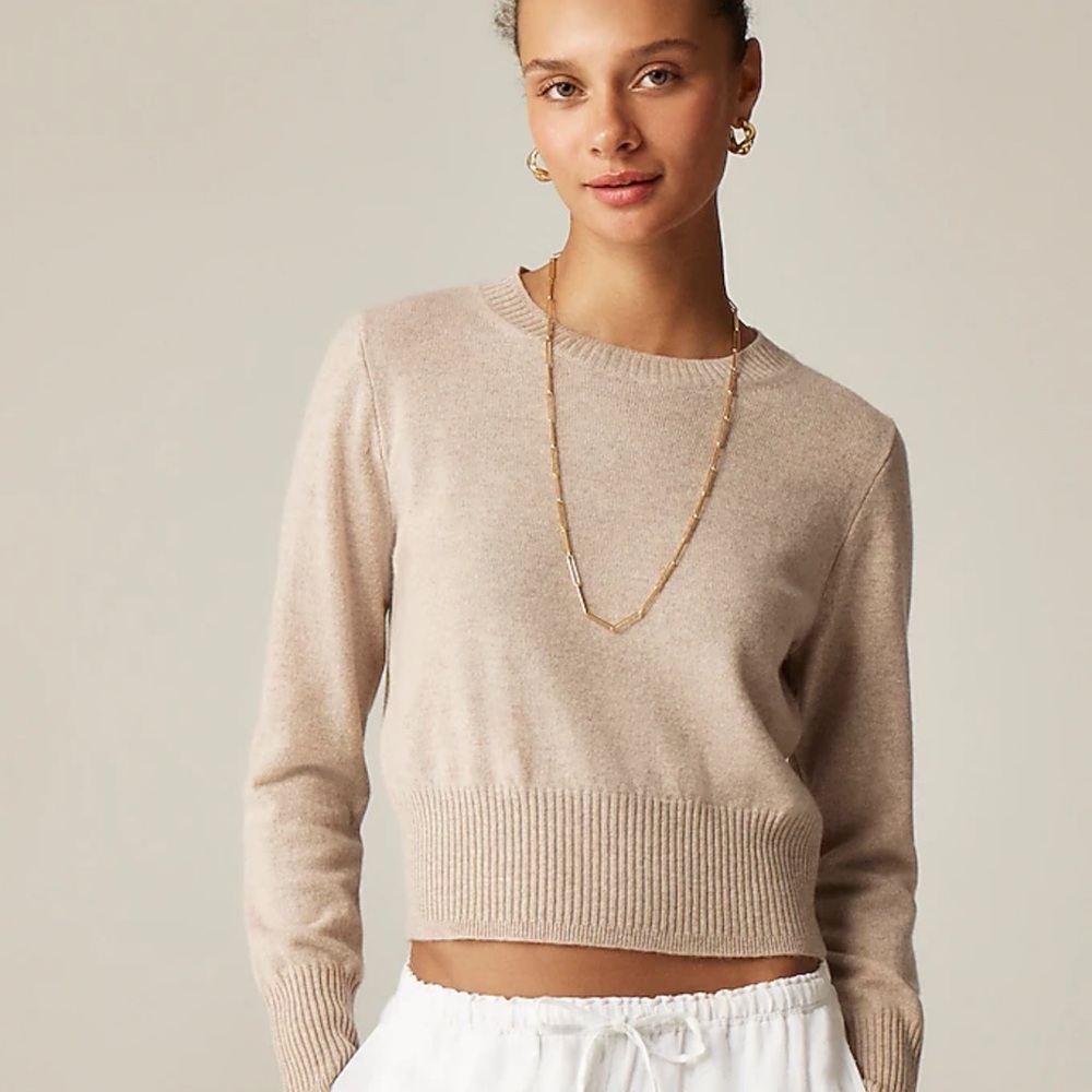 J. Crew Cashmere Cropped Beige Tan Heather Stone Crew Neck Sweater
